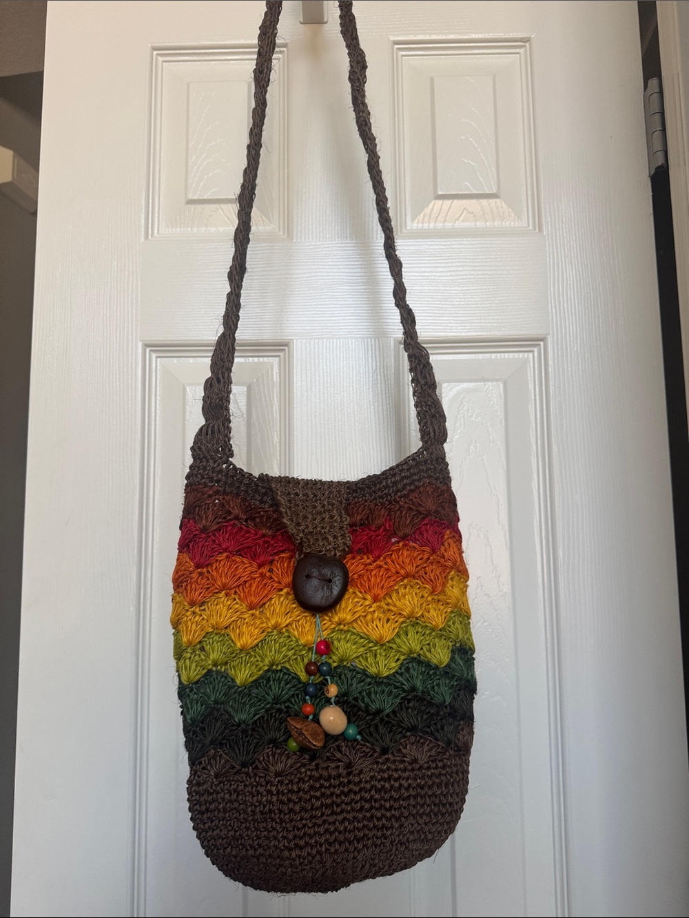 Hand Crafted Multicolor Crochet Stripe Crossbody Bag - Brown. NWOT
